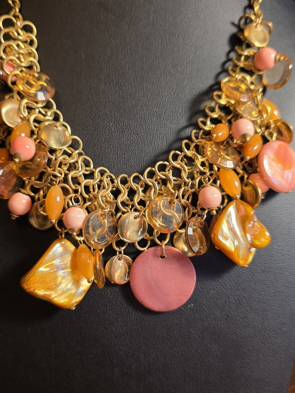 Gold  tone Chain Statement Necklace with Coral And Pink Beads and Amber Stones.
